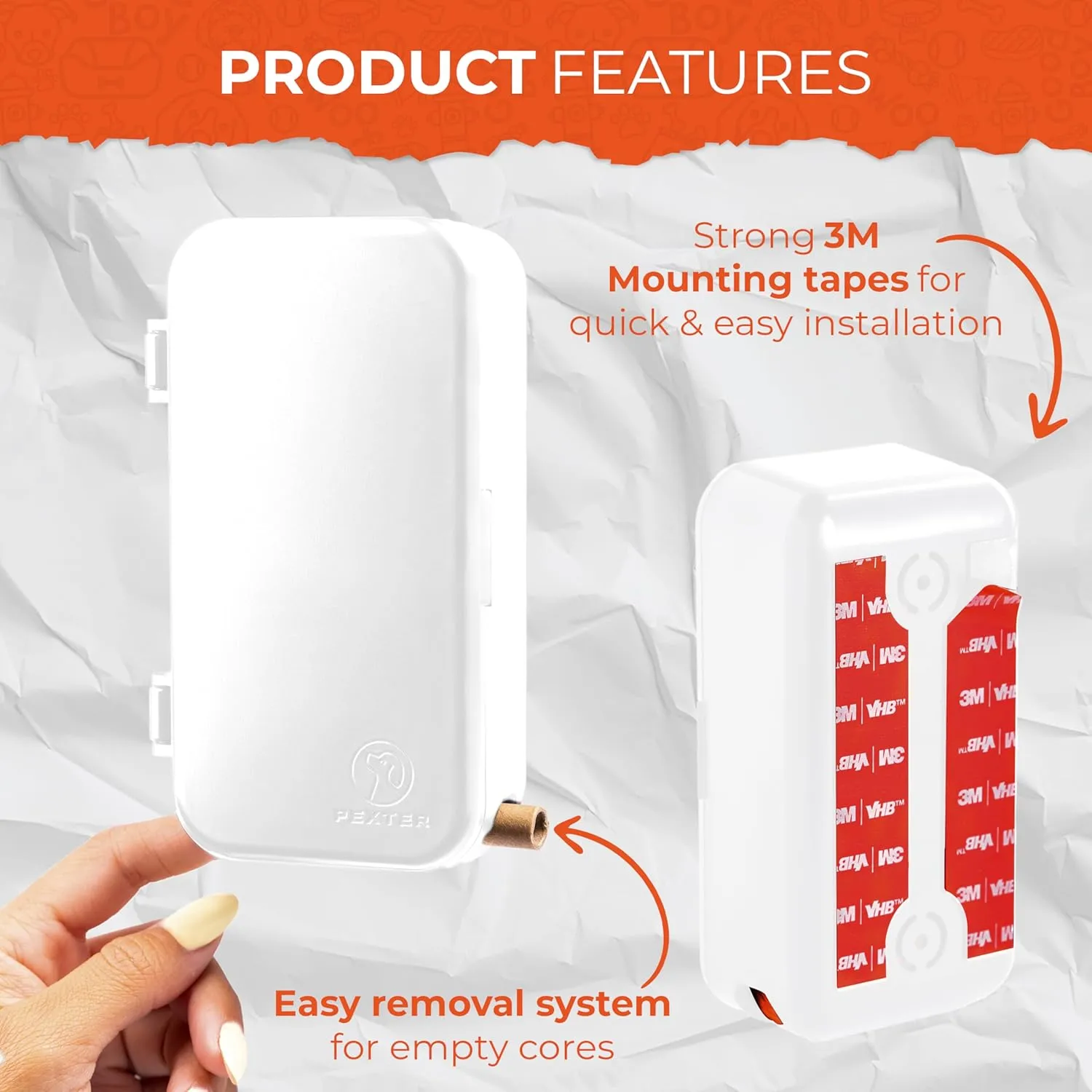 Dog Poop Bag Dispenser - Outdoor or Indoor Pet Waste Bag Dispenser Station - Stick-On or Screw-On Wall Mount - Poop Bags Storage Outdoor Container - Includes 4 Doggie Bag Rolls (White)