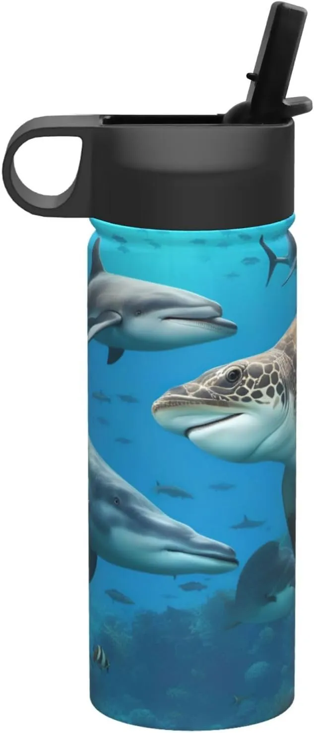 Dolphins Sea Turtle Shark Print Flask Stainless Steel Water Bottle with Straw 18OZ FOR Outdoor Gym Commute