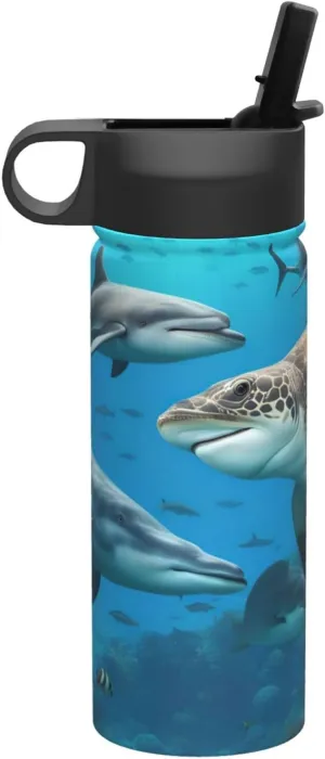 Dolphins Sea Turtle Shark Print Flask Stainless Steel Water Bottle with Straw 18OZ FOR Outdoor Gym Commute