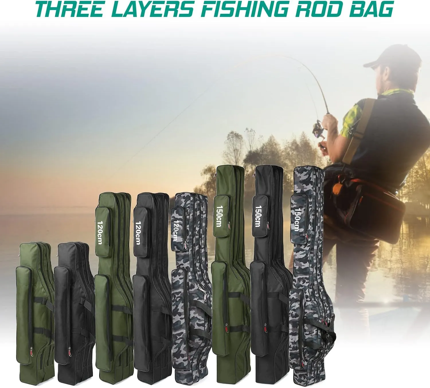 doorslay Fishing Rod Case Three Layers Fishing Rod Bag Oxford Portable Folding Fishing Pole Bag Outdoor Waterproof Tackle Storage Travel Bags Carry Organizer for Fishing Camping Hiking