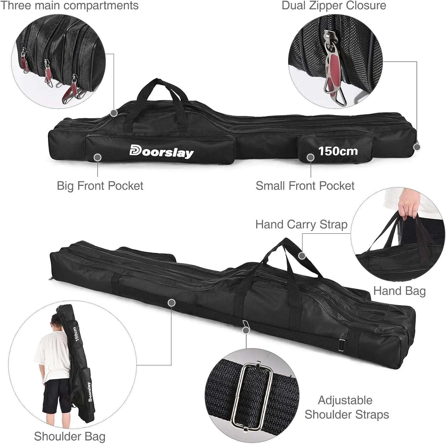 doorslay Fishing Rod Case Three Layers Fishing Rod Bag Oxford Portable Folding Fishing Pole Bag Outdoor Waterproof Tackle Storage Travel Bags Carry Organizer for Fishing Camping Hiking