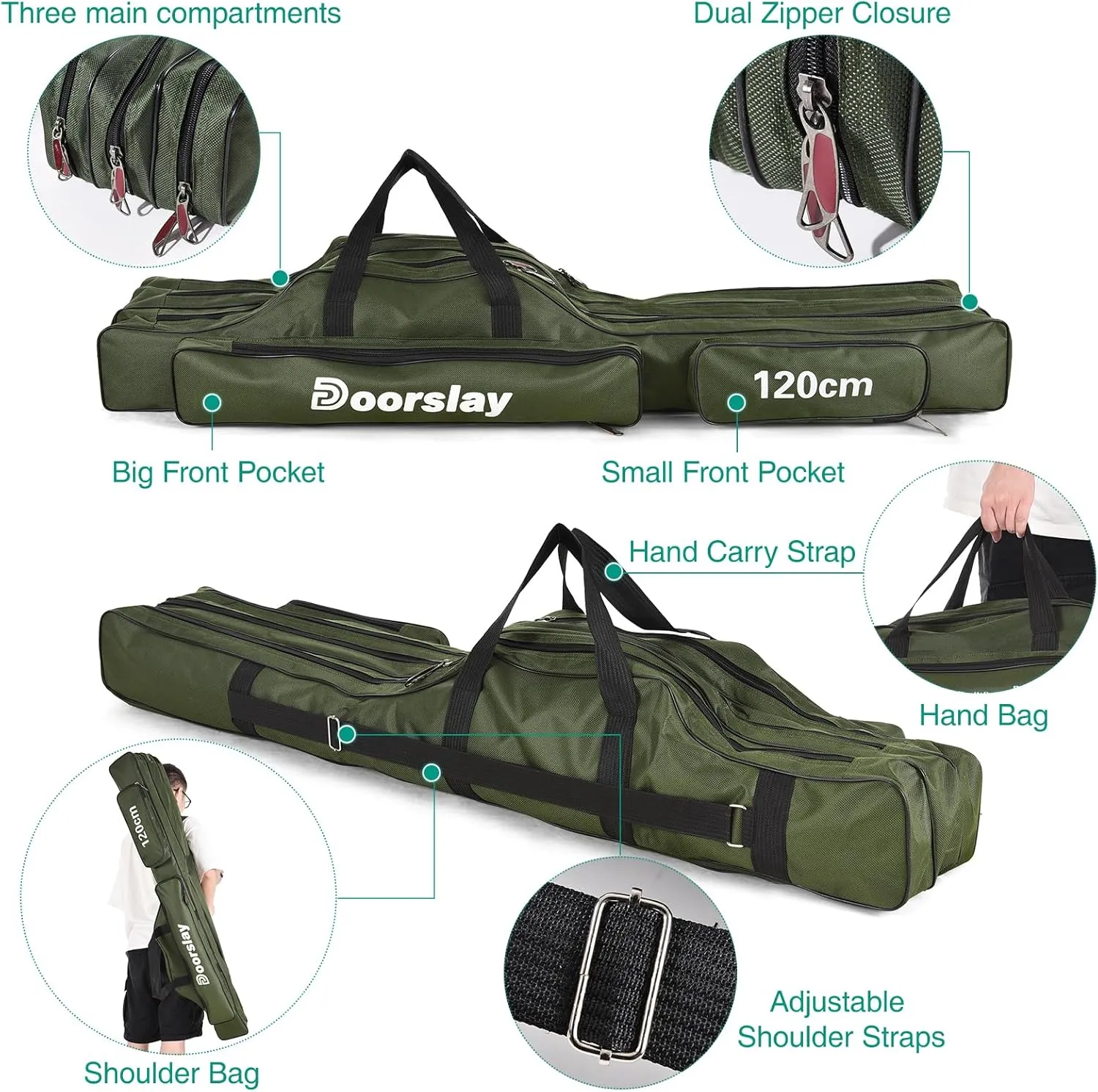 doorslay Fishing Rod Case Three Layers Fishing Rod Bag Oxford Portable Folding Fishing Pole Bag Outdoor Waterproof Tackle Storage Travel Bags Carry Organizer for Fishing Camping Hiking