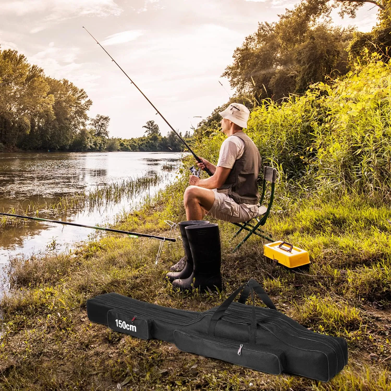 doorslay Fishing Rod Case Three Layers Fishing Rod Bag Oxford Portable Folding Fishing Pole Bag Outdoor Waterproof Tackle Storage Travel Bags Carry Organizer for Fishing Camping Hiking