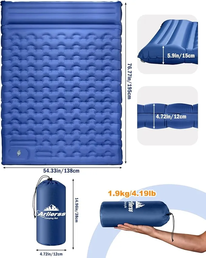 Double Camping Sleeping Mattress, Ultralight Hiking Sleeping Mat with Pillow Built-in Foot Pump Inflatable Air Pads for Outdoor Activities