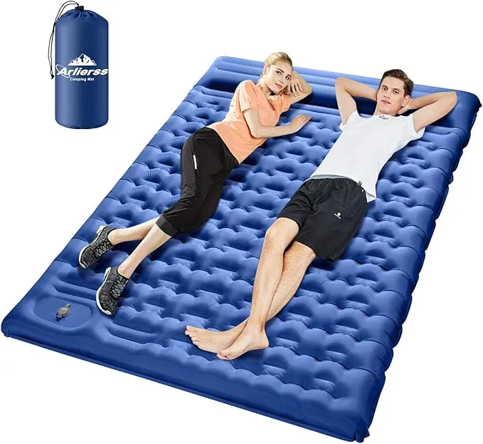 Double Camping Sleeping Mattress, Ultralight Hiking Sleeping Mat with Pillow Built-in Foot Pump Inflatable Air Pads for Outdoor Activities