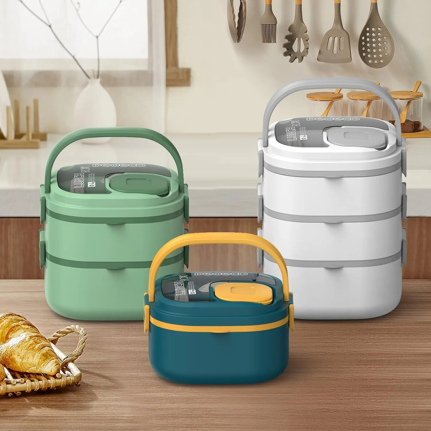 Double Layer Kid Bento Box,removable lunch box and stainless steel compartments,Leak-Proof,Bento Box With Portable and Cutlery,BPA-Free,Dishwasher Safe,Green