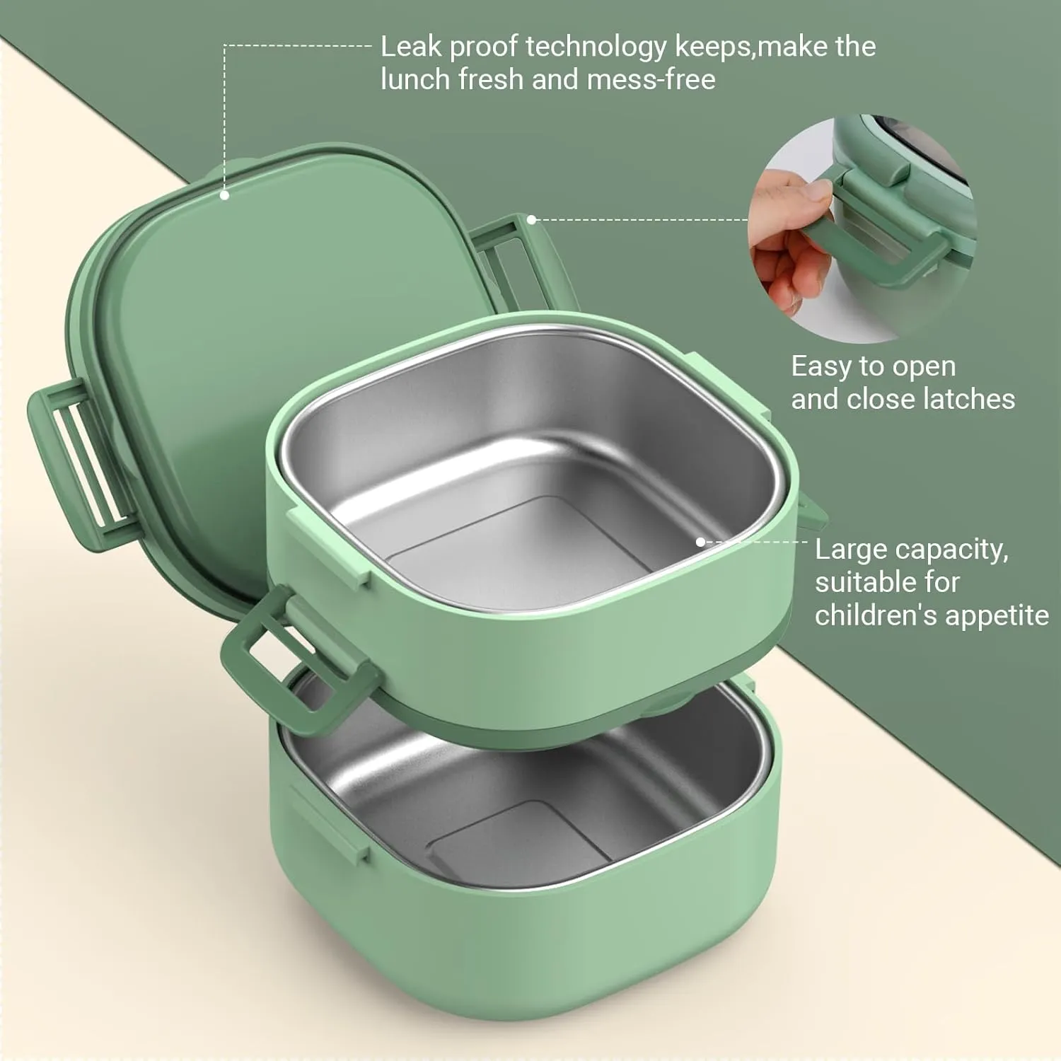 Double Layer Kid Bento Box,removable lunch box and stainless steel compartments,Leak-Proof,Bento Box With Portable and Cutlery,BPA-Free,Dishwasher Safe,Green