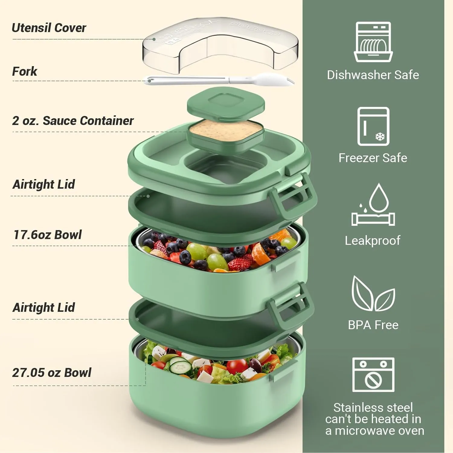 Double Layer Kid Bento Box,removable lunch box and stainless steel compartments,Leak-Proof,Bento Box With Portable and Cutlery,BPA-Free,Dishwasher Safe,Green