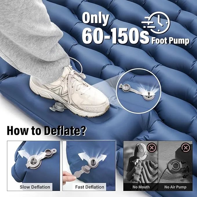 Double Sleeping Pad for Camping, Blue Inflatable Sleeping Mat with Pillow, Ultralight 2 Person Camping Pad with Built-in Foot Pump for Backpacking, Hiking, Tent, Portable Camping Mattress