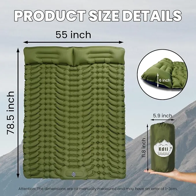 Double Sleeping Pad, Ultralight Self Inflating 4" with Pillow Built-in Foot Pump Inflatable Sleeping Mat Backpacking for Car Traveling, Backpacking, Camping and Hiking