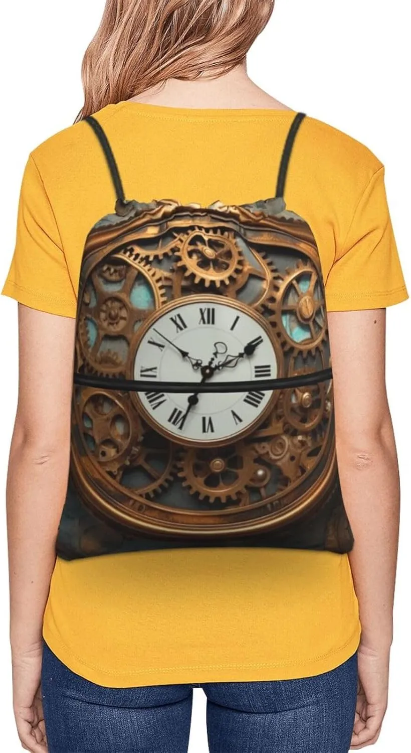 Drawstring Backpack Sports Gym Bags Rusty Steampunk Clock Drawstring Bags for Men Women Beach Bag String Bag