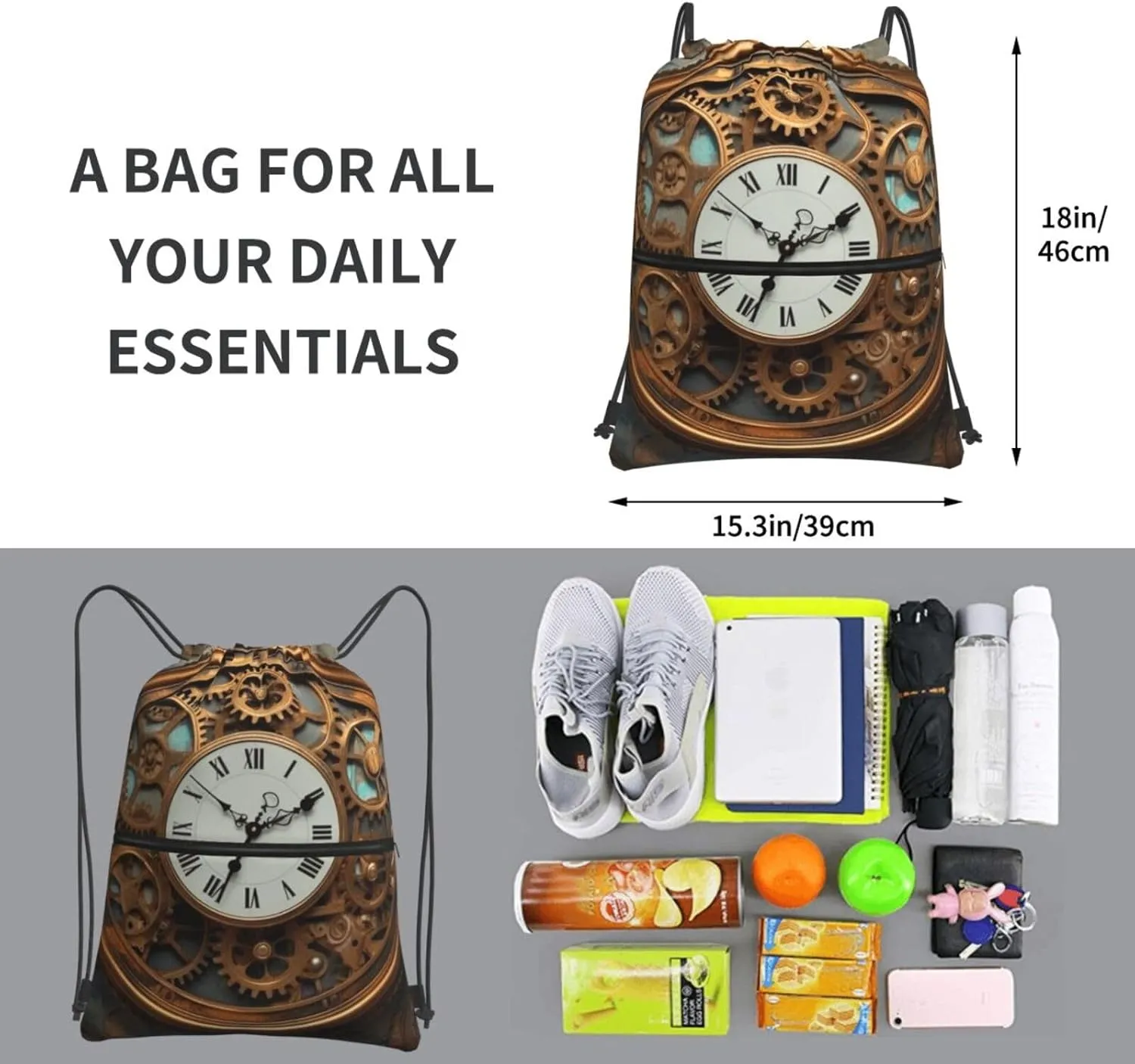 Drawstring Backpack Sports Gym Bags Rusty Steampunk Clock Drawstring Bags for Men Women Beach Bag String Bag