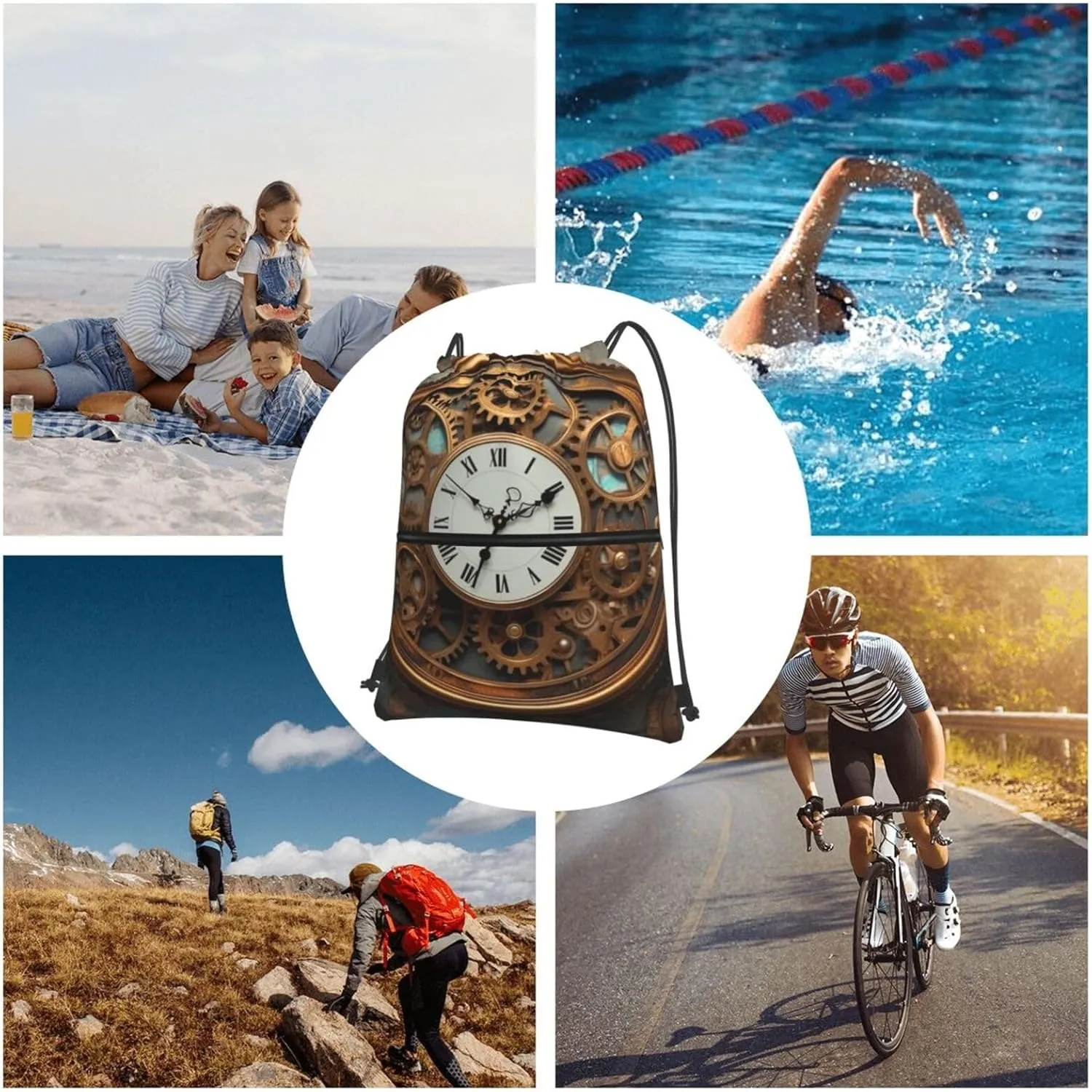 Drawstring Backpack Sports Gym Bags Rusty Steampunk Clock Drawstring Bags for Men Women Beach Bag String Bag
