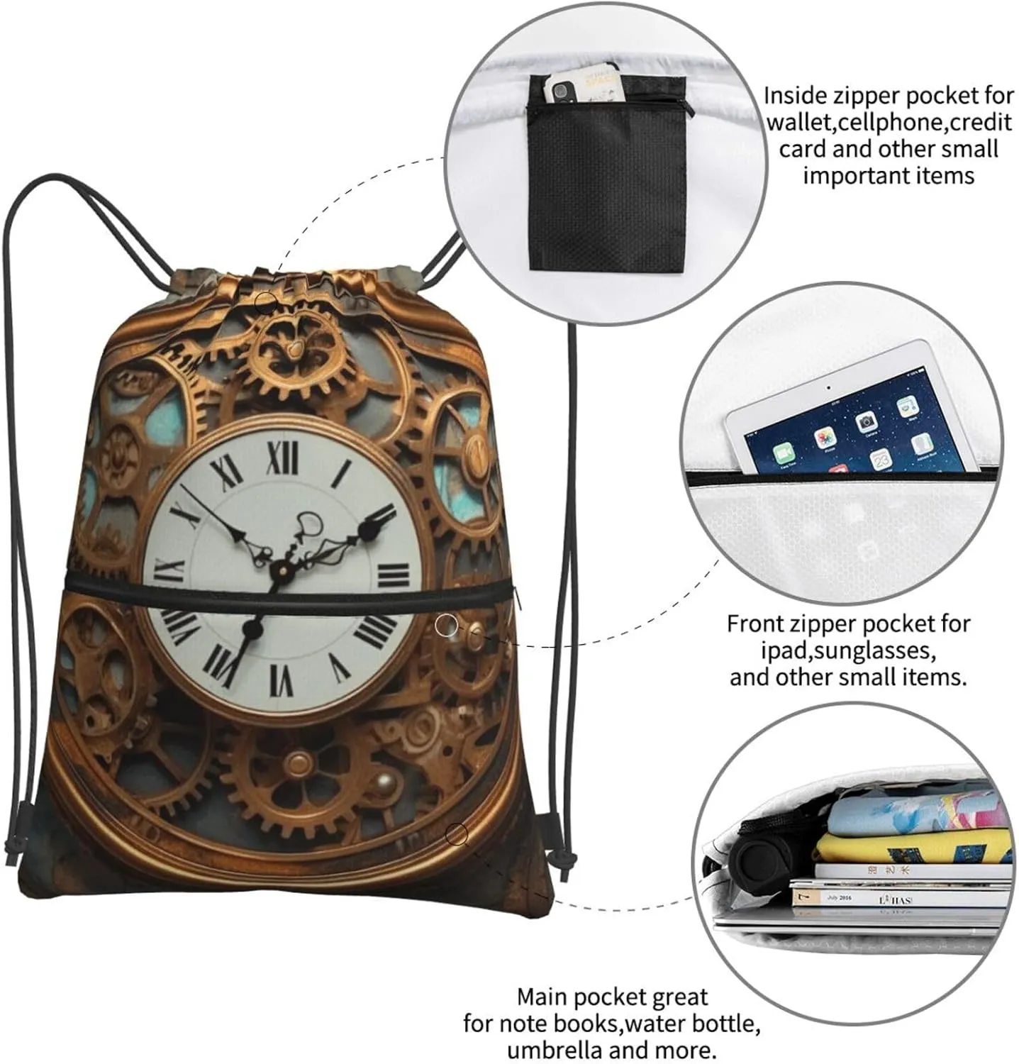 Drawstring Backpack Sports Gym Bags Rusty Steampunk Clock Drawstring Bags for Men Women Beach Bag String Bag