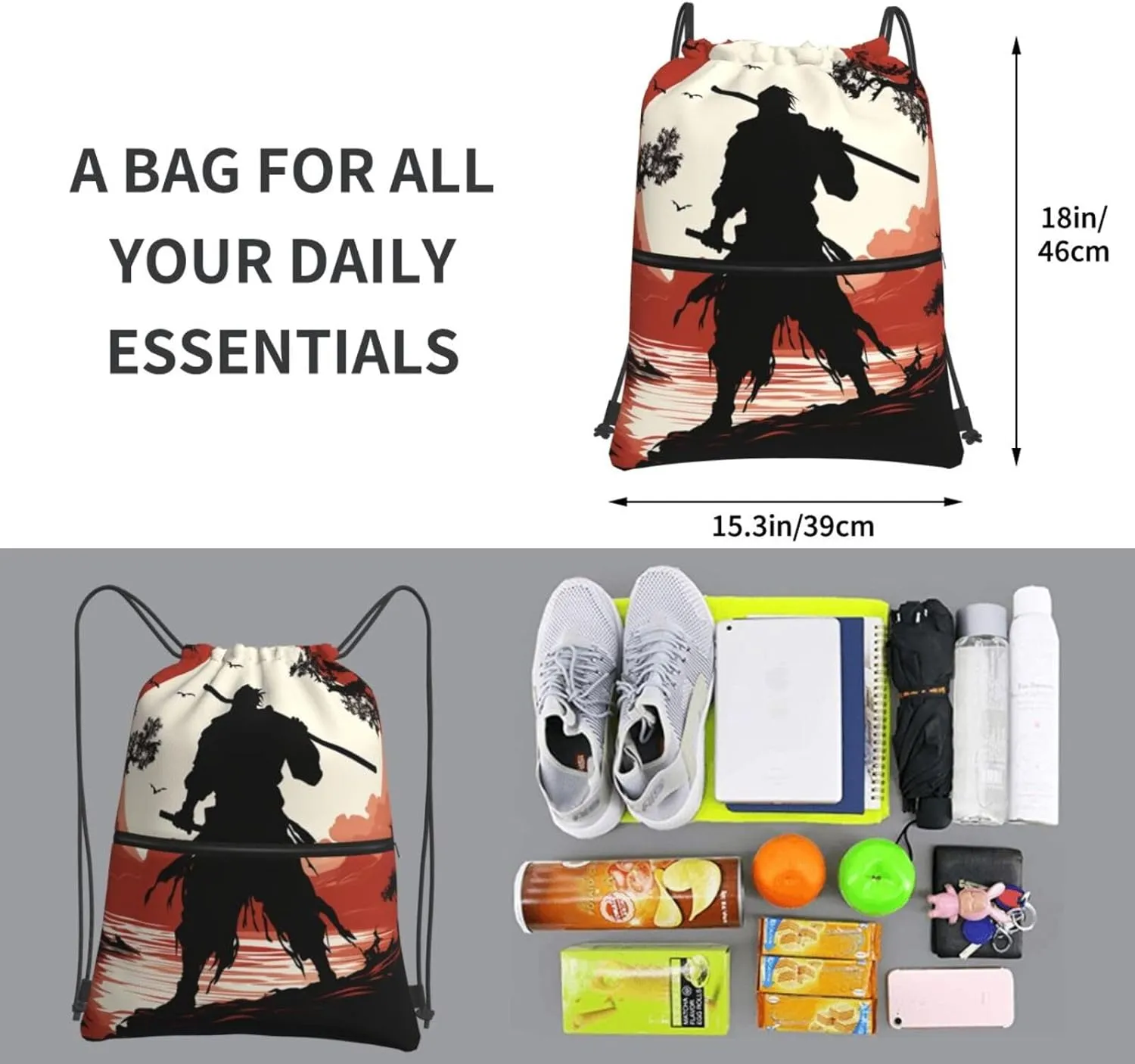 Drawstring Backpack Sports Gym Bags Samurai Drawstring Bags for Men Women Beach Bag String Bag