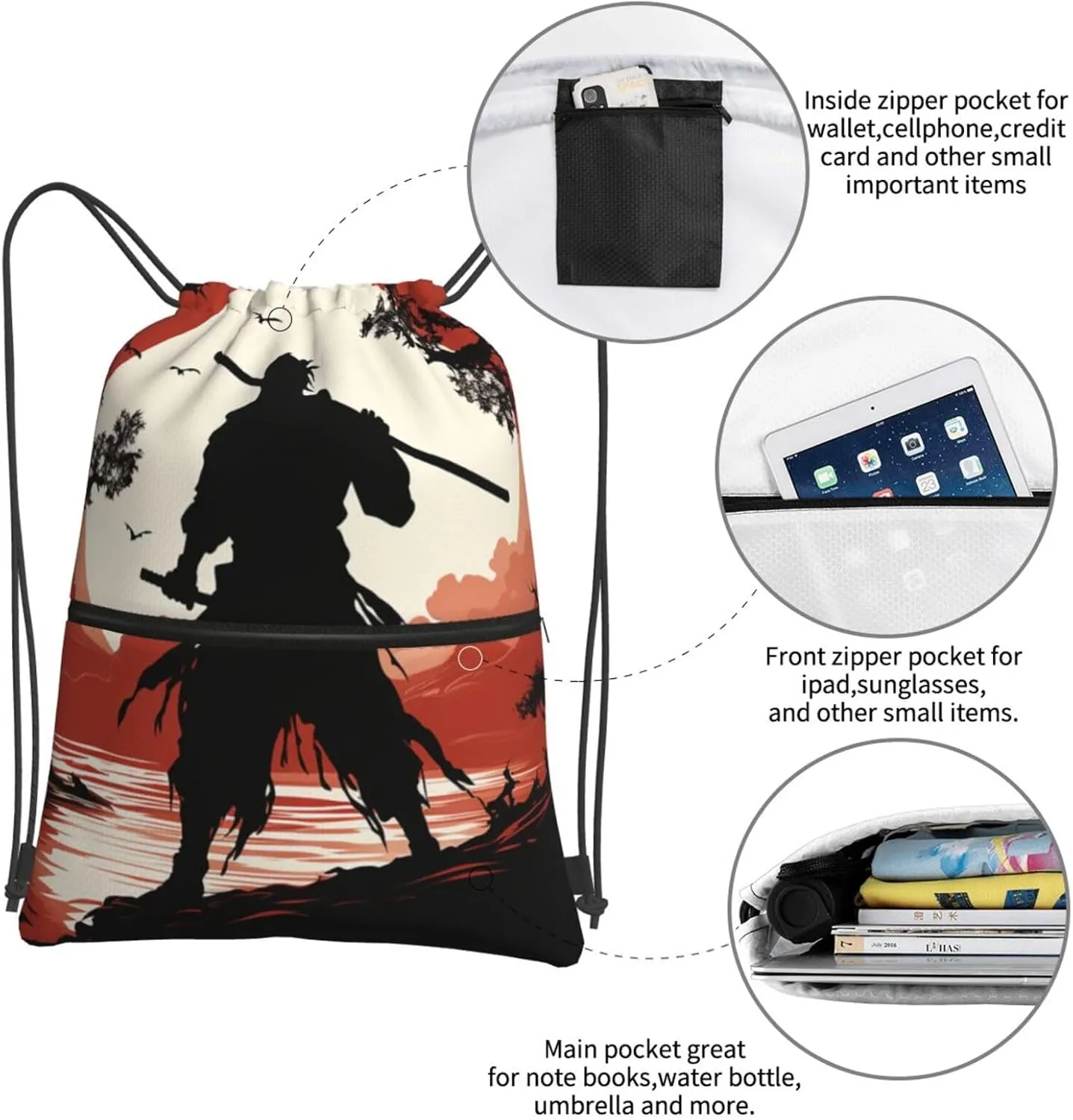 Drawstring Backpack Sports Gym Bags Samurai Drawstring Bags for Men Women Beach Bag String Bag