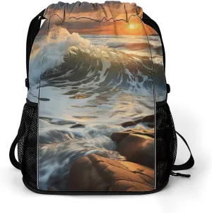 Drawstring Gym Bag,Rocky Wave Sunset Print Drawstring Backpack,Sports Gym Backpack with Mesh Pocket String Bag for Women Men