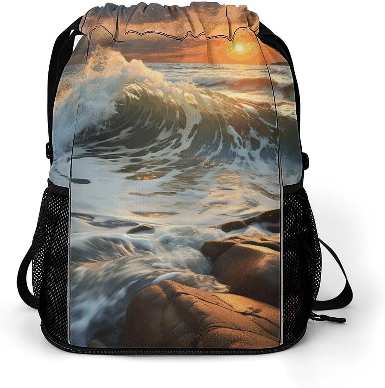 Drawstring Gym Bag,Rocky Wave Sunset Print Drawstring Backpack,Sports Gym Backpack with Mesh Pocket String Bag for Women Men