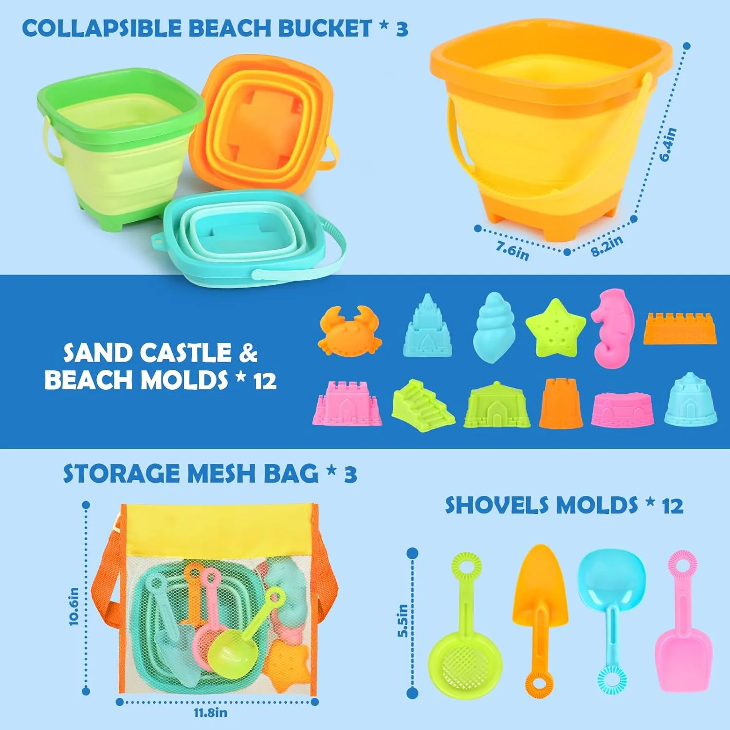 Dreamon Beach Toys for Kids 3-10, Collapsible Sand Toys Include 3 Pack Foldable Buckets with Mesh Bag, 24 PCS Beach Mold and Shovels Molds, Travel Sandbox Beach Toys for Toddler