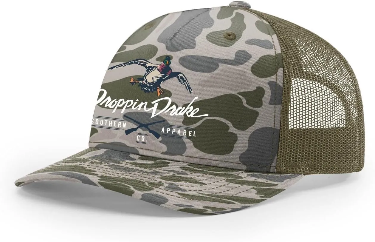 Droppin Drake Mallard Duck and Gun X Logo Mesh Back Trucker Hat- Marsh Duck Camo/Loden