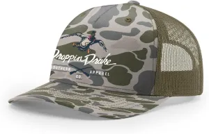 Droppin Drake Mallard Duck and Gun X Logo Mesh Back Trucker Hat- Marsh Duck Camo/Loden