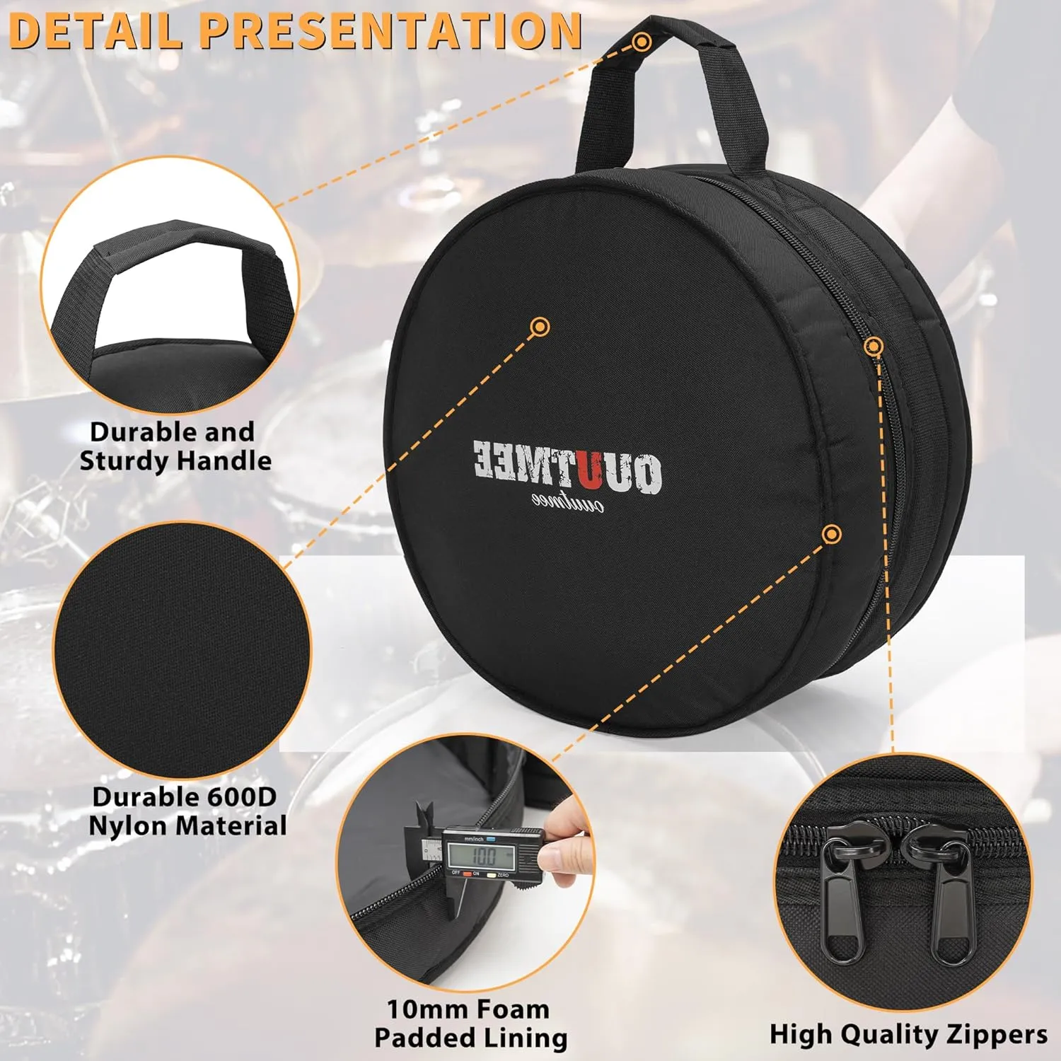 Drum Bag For Snare 14"x5.5"/14"x6.5", 10mm Thick Padded Travel Drum Case