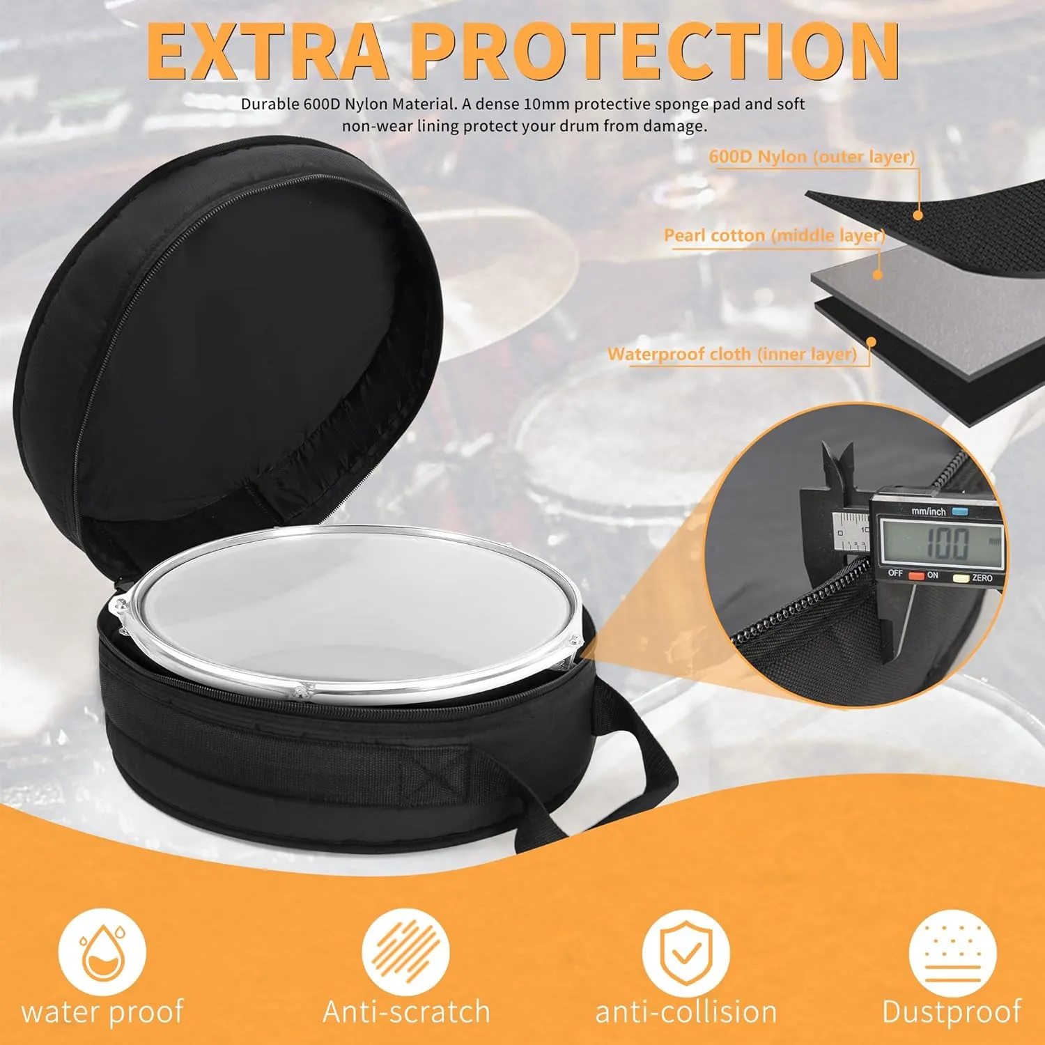 Drum Bag For Snare 14"x5.5"/14"x6.5", 10mm Thick Padded Travel Drum Case