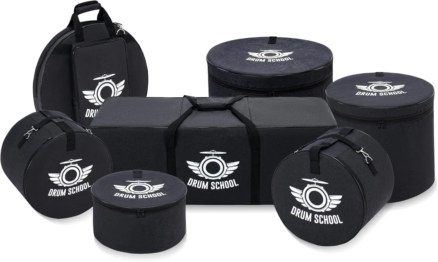 Drum Bags Set 7-pcs, Drum Soft Carrying Cases Thick Padded for 10" / 12" Tom, 14" Snare, 16" Floor Tom, 22'' * 18'' Bass, 22" Cymbal, Hardware Bag, Heavy Duty, Durable (Fusion 16)