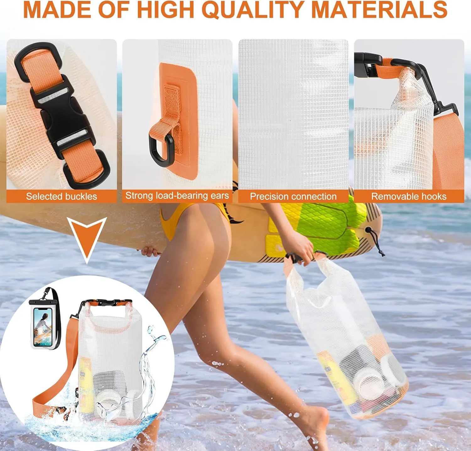 Dry Bag Waterproof, Translucent Mesh Roll-Top Lightweight Dry Storage Bag Backpack with Phone Case, 2-30L Optional, Suitable for Traveling, Swimming, Kayaking, Camping and Beach (Green, 25L)