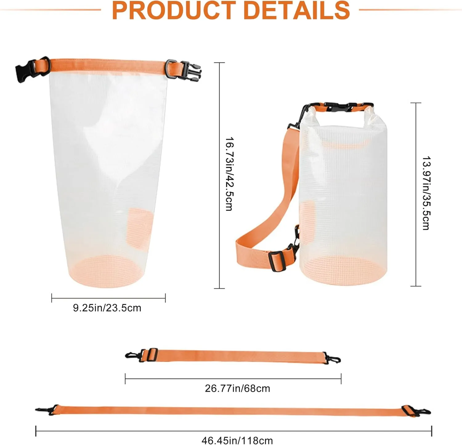 Dry Bag Waterproof, Translucent Mesh Roll-Top Lightweight Dry Storage Bag Backpack with Phone Case, 2-30L Optional, Suitable for Traveling, Swimming, Kayaking, Camping and Beach (Orange, 25L)