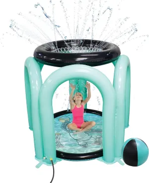 Dude Perfect Splash Hoop | Inflatable Water Tower for Kids 5-12 | 5 Ft Sprinkler Pad with Hoop and Basketball Game | Outdoor Summer Activity for Boys; Girls | Play Wet or Dry | Easy Setup