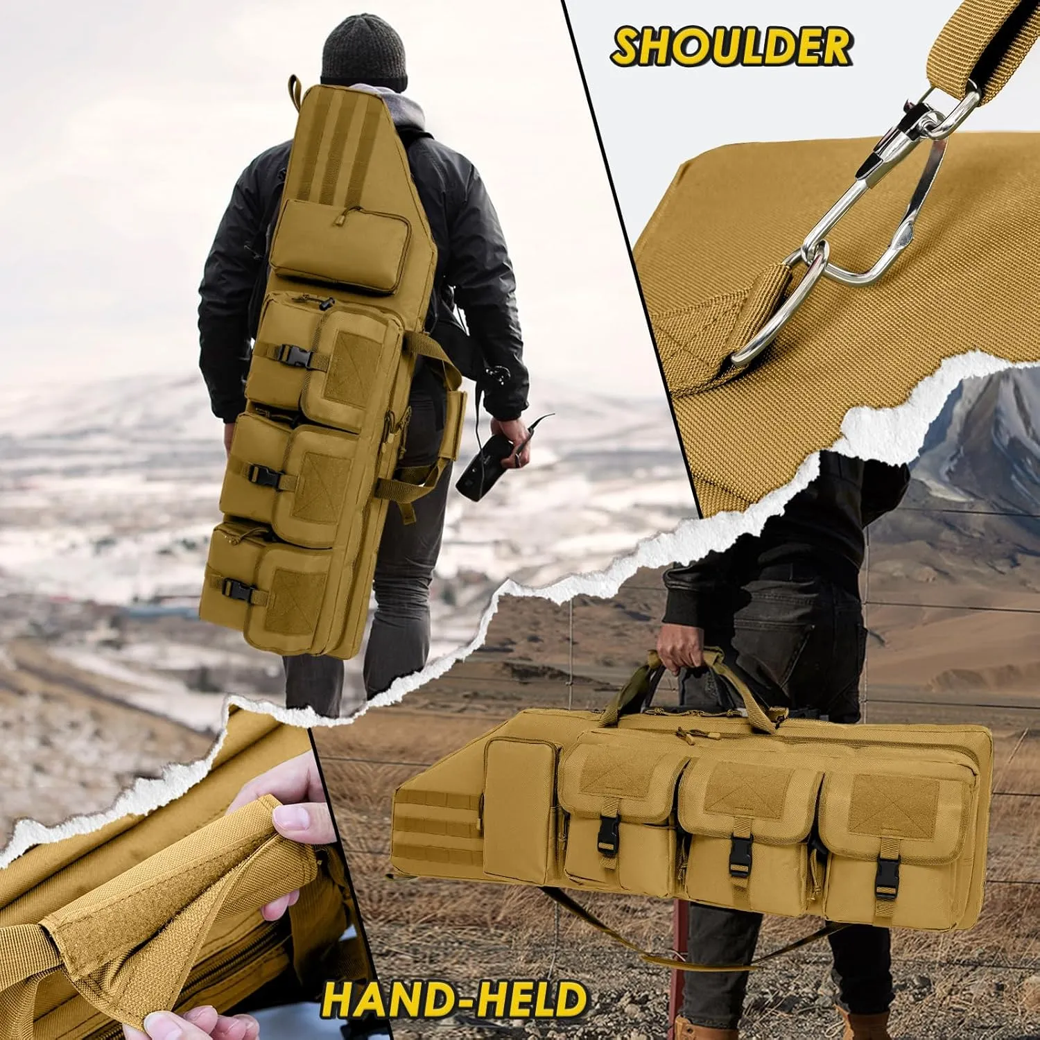 DULCE DOM Double Rifle Case 36/42/48 inch Soft Gun Bag Tactical Backpack with Removable Dividers for Hunting Shooting Range, MOLLE System Multiple Magazine Pouches & Accessory Bags