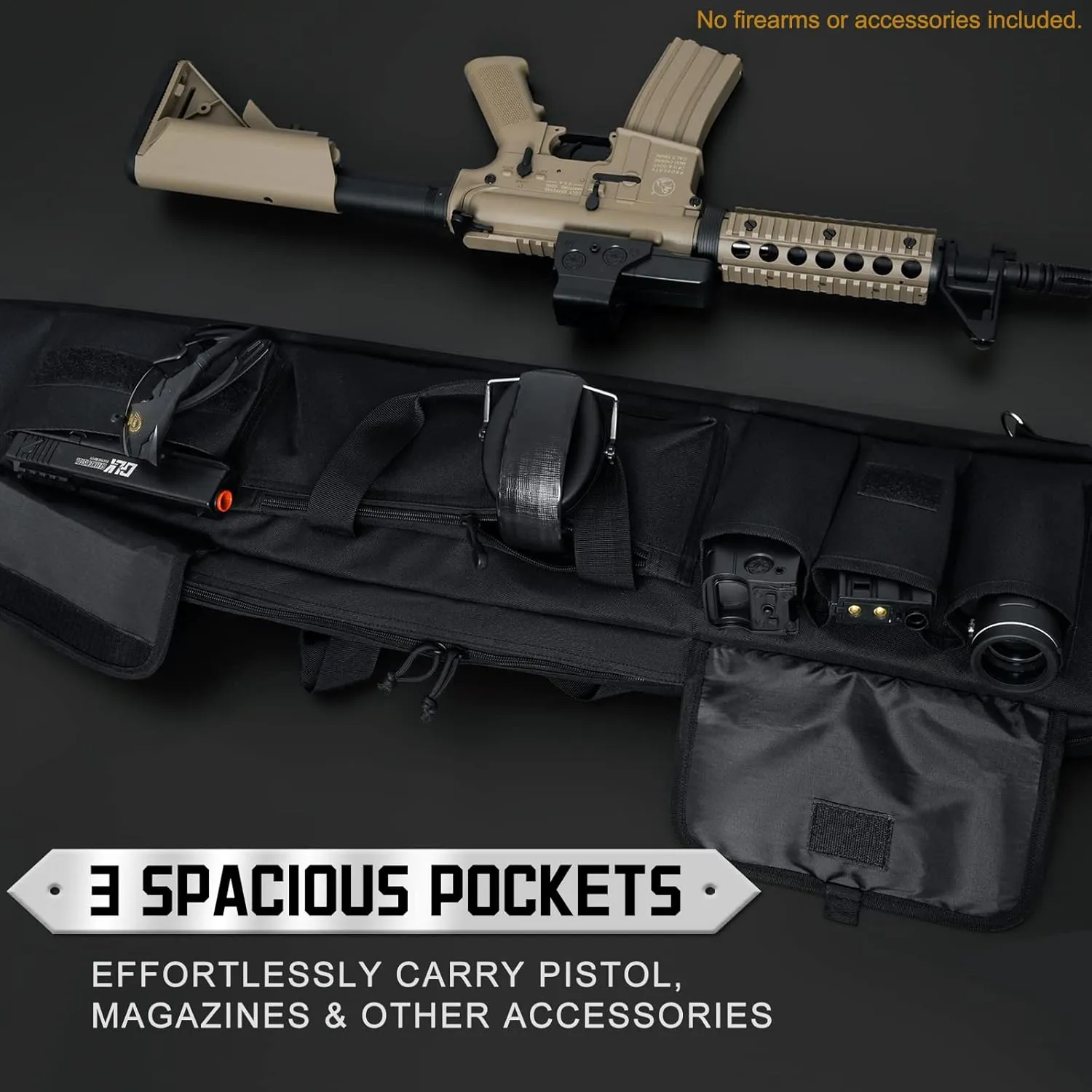 DULCE DOM Double Rifle Case, 38 42 44 inch Soft Gun Tactical Bag for Shooting Range, Movable Divider for 1 or 2 Gears, Multiple Magazine Pouches & Accessory Bags