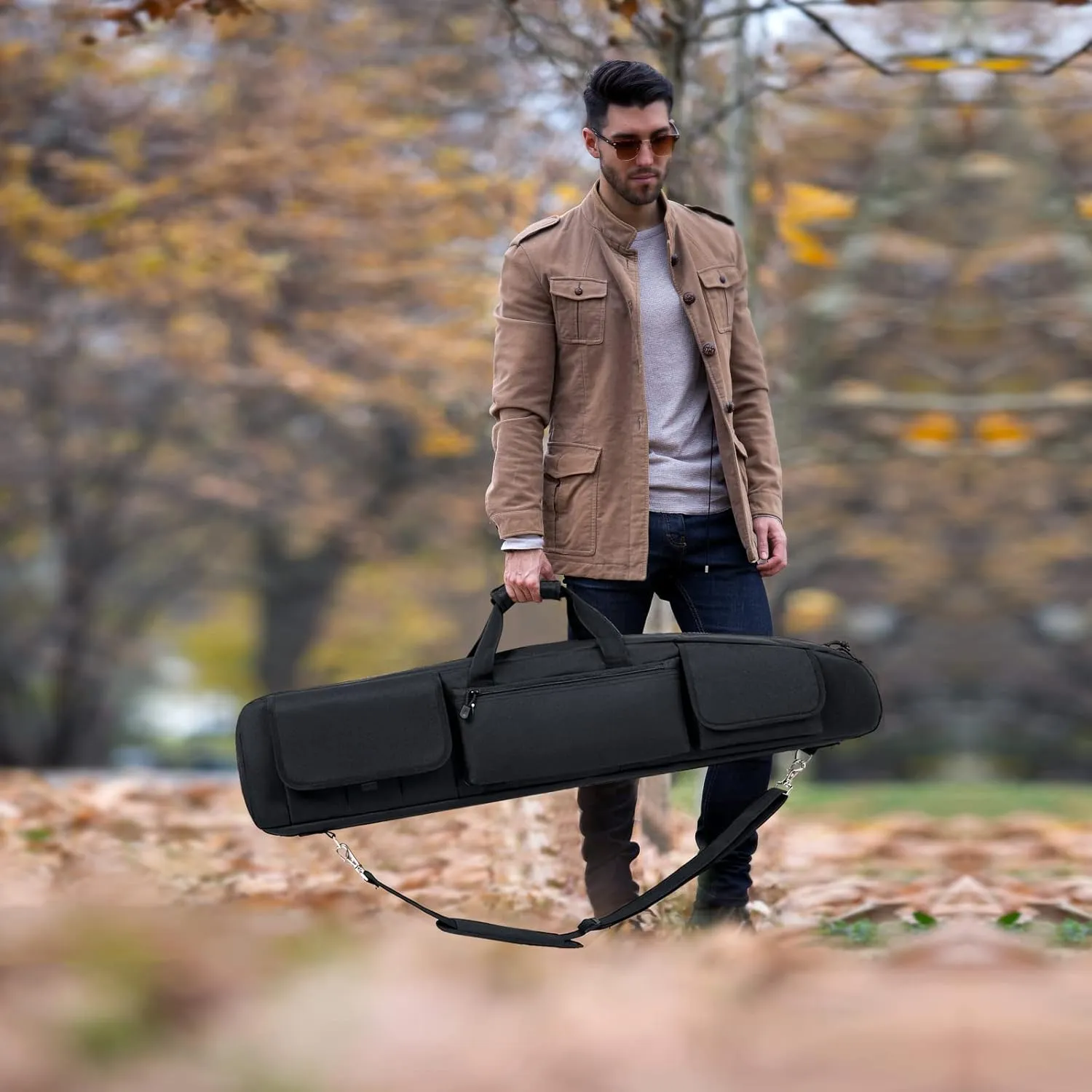 DULCE DOM Double Rifle Case, 38 42 44 inch Soft Gun Tactical Bag for Shooting Range, Movable Divider for 1 or 2 Gears, Multiple Magazine Pouches & Accessory Bags