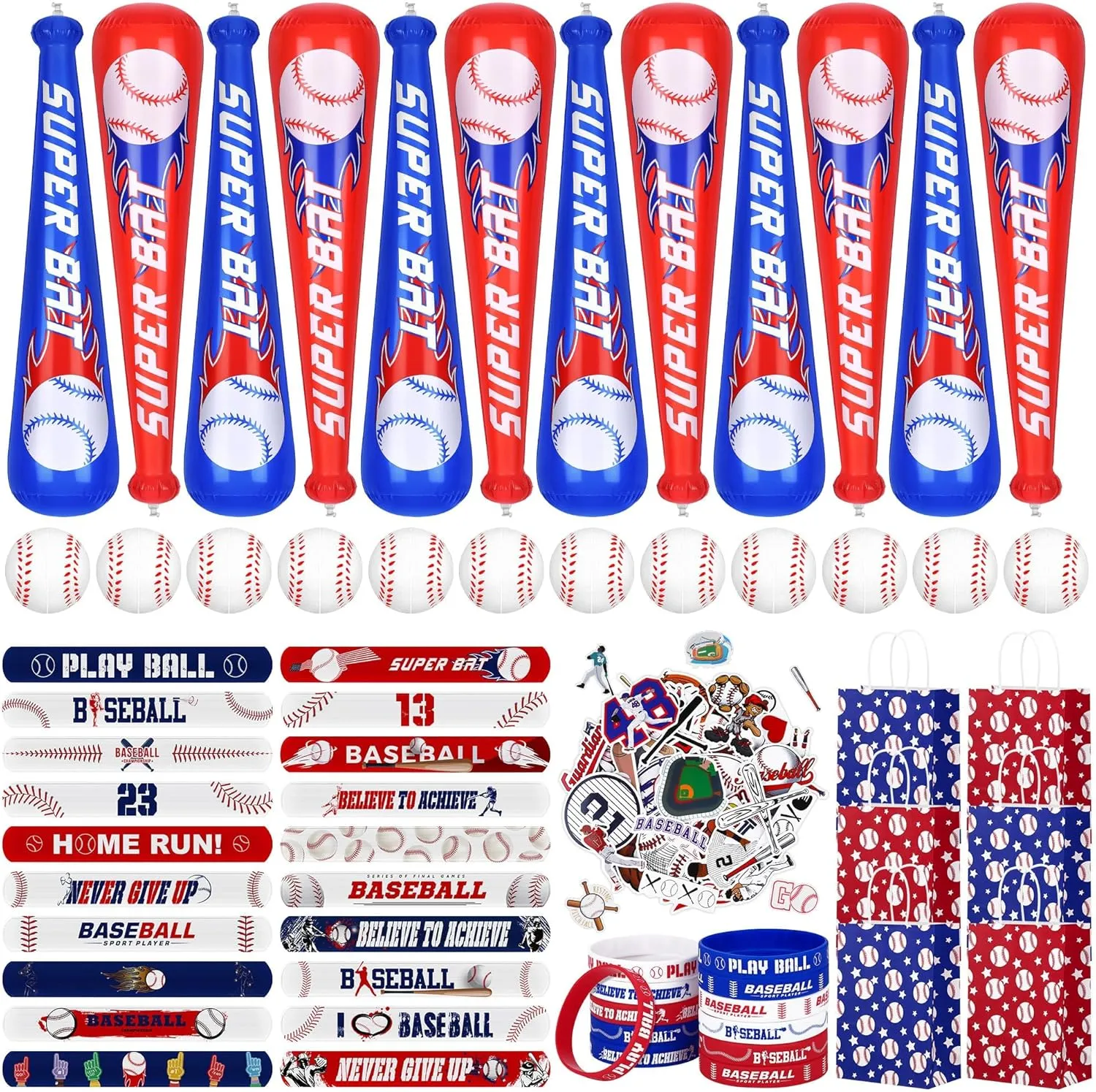 durony 122 Pieces Baseball Party Favors Set Inflatable Baseball Bat Mini Foam Stress Balls Slap Bracelets Silicone Bracelets Tattoo Stickers Gift Paper Bags for Sports Themed Baseball Party Decoration