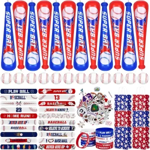 durony 122 Pieces Baseball Party Favors Set Inflatable Baseball Bat Mini Foam Stress Balls Slap Bracelets Silicone Bracelets Tattoo Stickers Gift Paper Bags for Sports Themed Baseball Party Decoration
