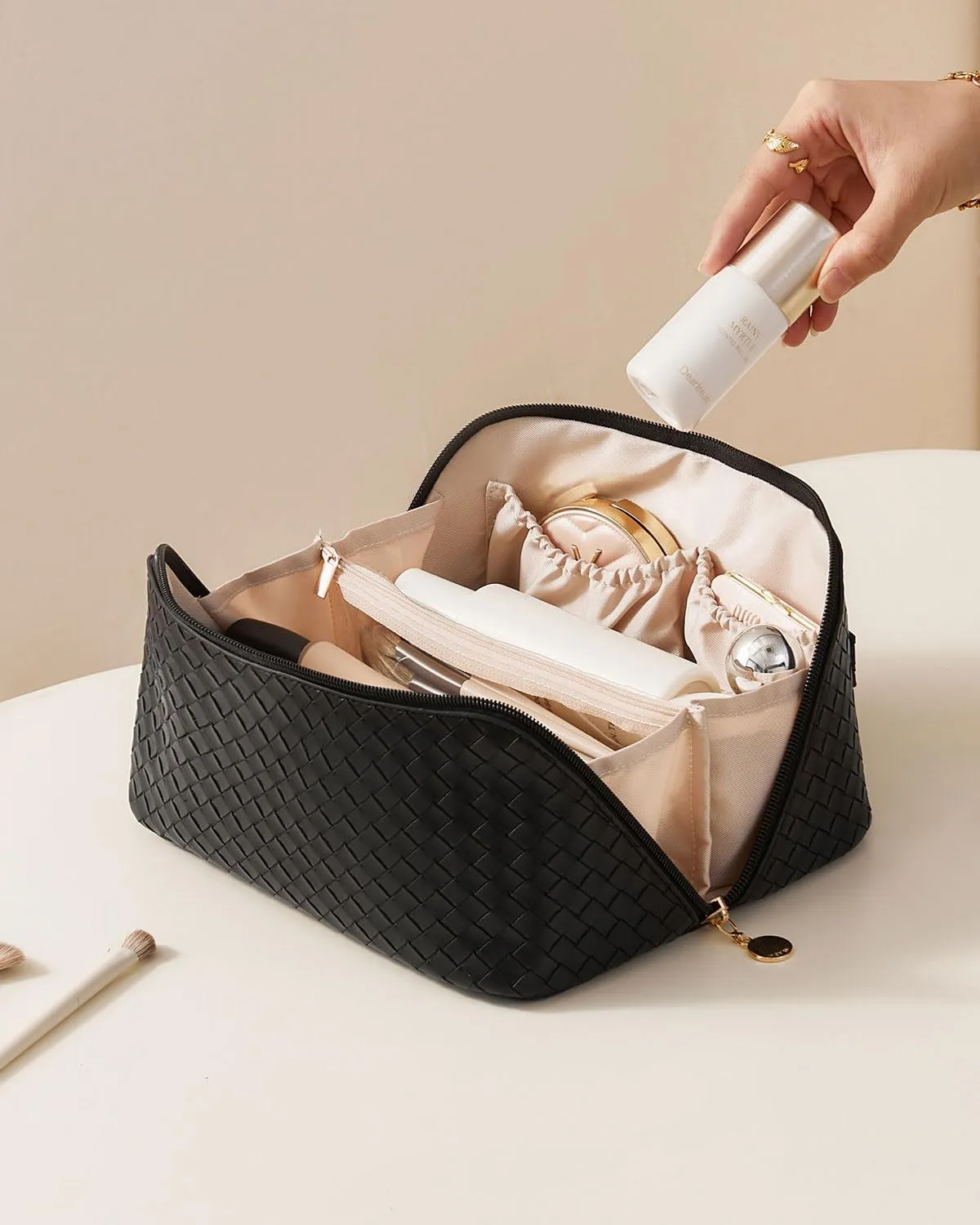 EACHY Travel Makeup Bag,Large Capacity Cosmetic Bags for Women,Waterproof Portable Pouch Open Flat Toiletry Bag Make up Organizer with Divider and Handle