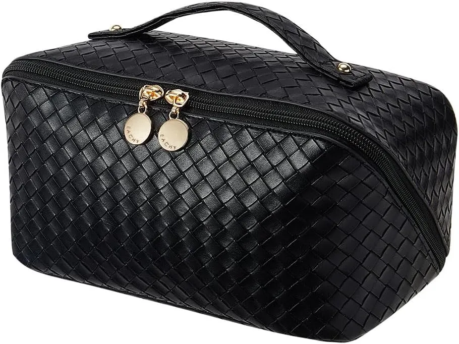 EACHY Travel Makeup Bag,Large Capacity Cosmetic Bags for Women,Waterproof Portable Pouch Open Flat Toiletry Bag Make up Organizer with Divider and Handle