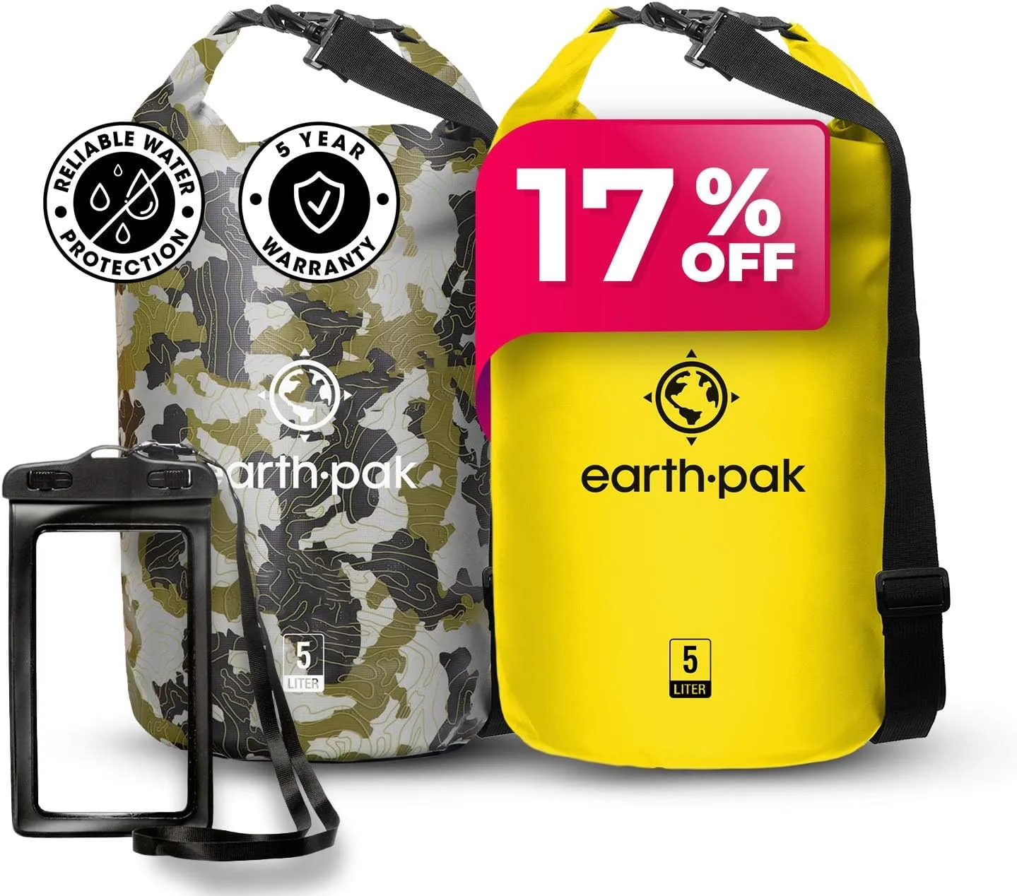 Earth Pak Waterproof Dry Bag Camo 5L & Yellow 5L Bag