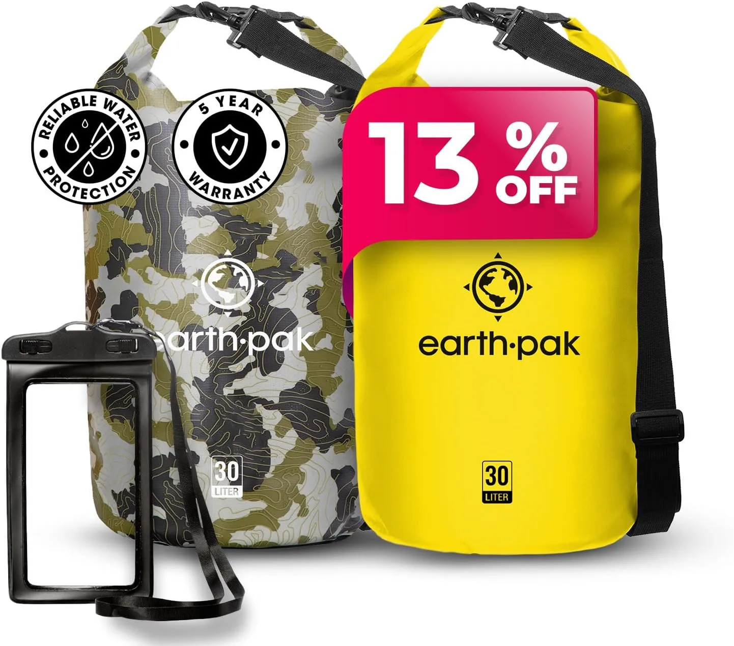 Earth Pak Waterproof Dry Bag - Roll Top Waterproof Backpack Sack (30L Camo & 30L Yellow)