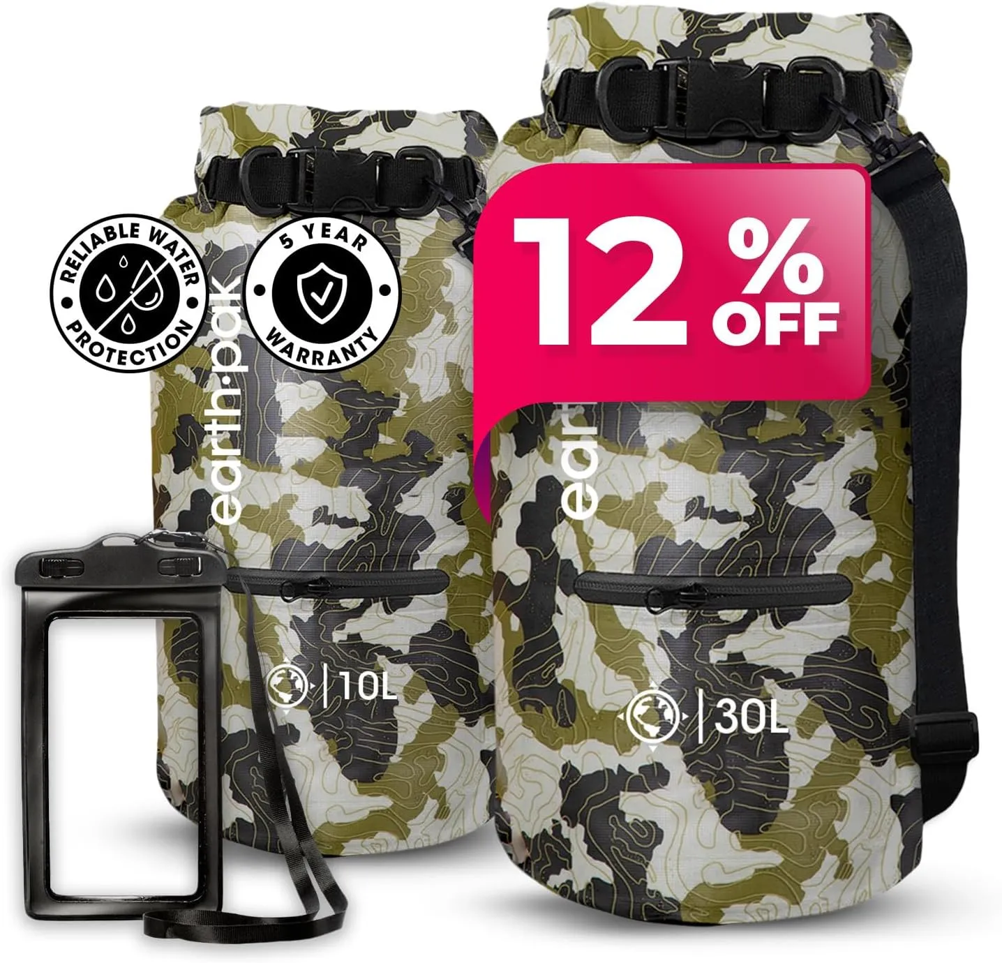 Earth Pak Waterproof Dry Bag with Zippered Pocket - Waterproof Dry Bag Backpack Keeps Gear Dry (10L Camo & 30L Camo)