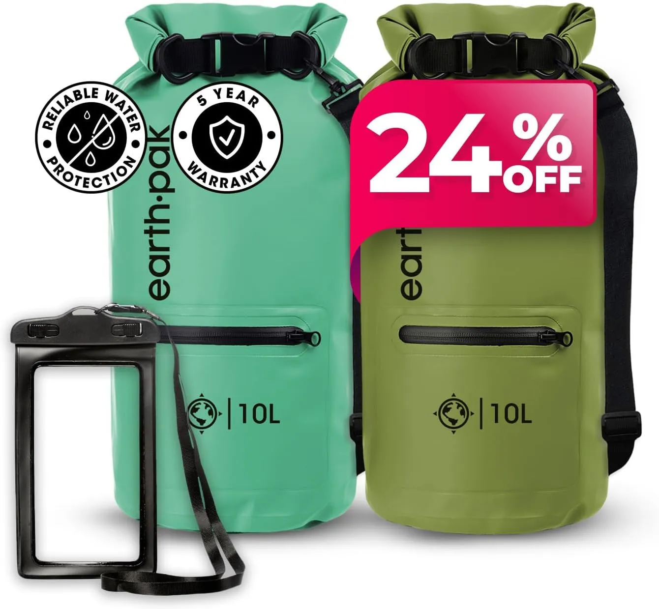 Earth Pak Waterproof Dry Bag with Zippered Pocket - Waterproof Dry Bag Backpack Keeps Gear Dry (10L Seafoam & 10L Green)