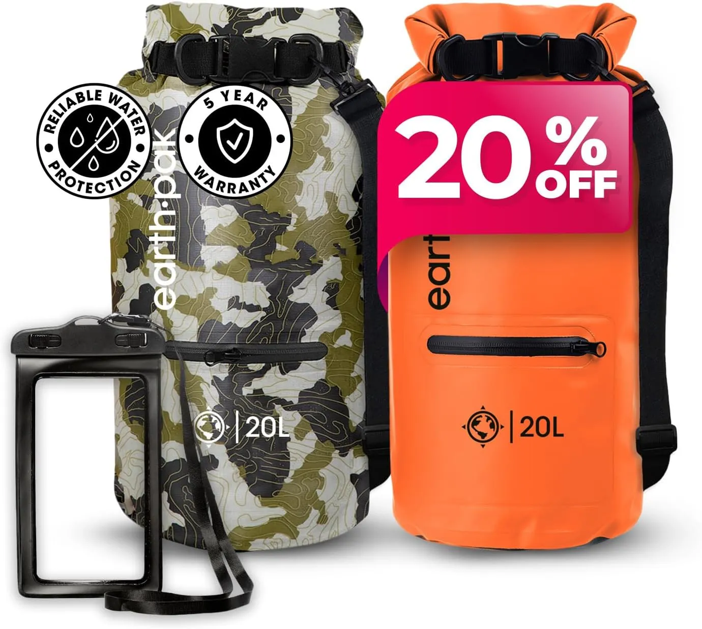 Earth Pak Waterproof Dry Bag with Zippered Pocket - Waterproof Dry Bag Backpack Keeps Gear Dry (20L Camo & 20L Orange)