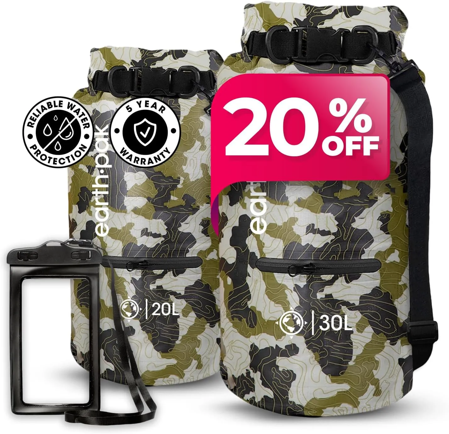 Earth Pak Waterproof Dry Bag with Zippered Pocket - Waterproof Dry Bag Backpack Keeps Gear Dry (20L Camo & 30L Camo)
