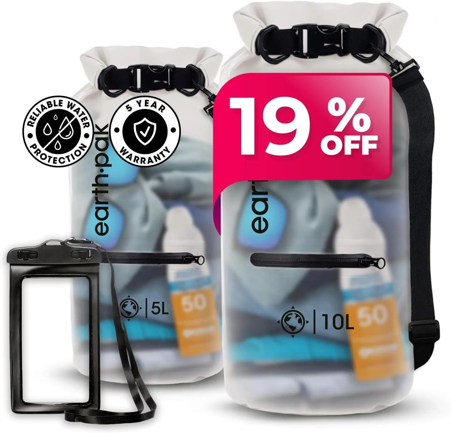 Earth Pak Waterproof Dry Bag with Zippered Pocket - Waterproof Dry Bag Backpack Keeps Gear Dry (5L Clear & 10L Clear)