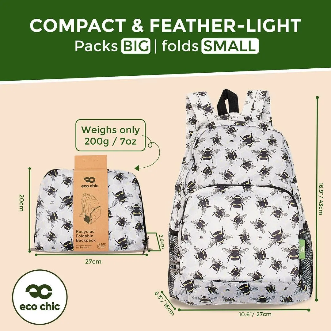 ECO CHIC Hiking Lightweight Packable Backpack - Foldable Daypack for Travel & Hiking & Outdoor Adventures - Waterproof Backpack from Recycled Materials (Bumble Bees Grey)