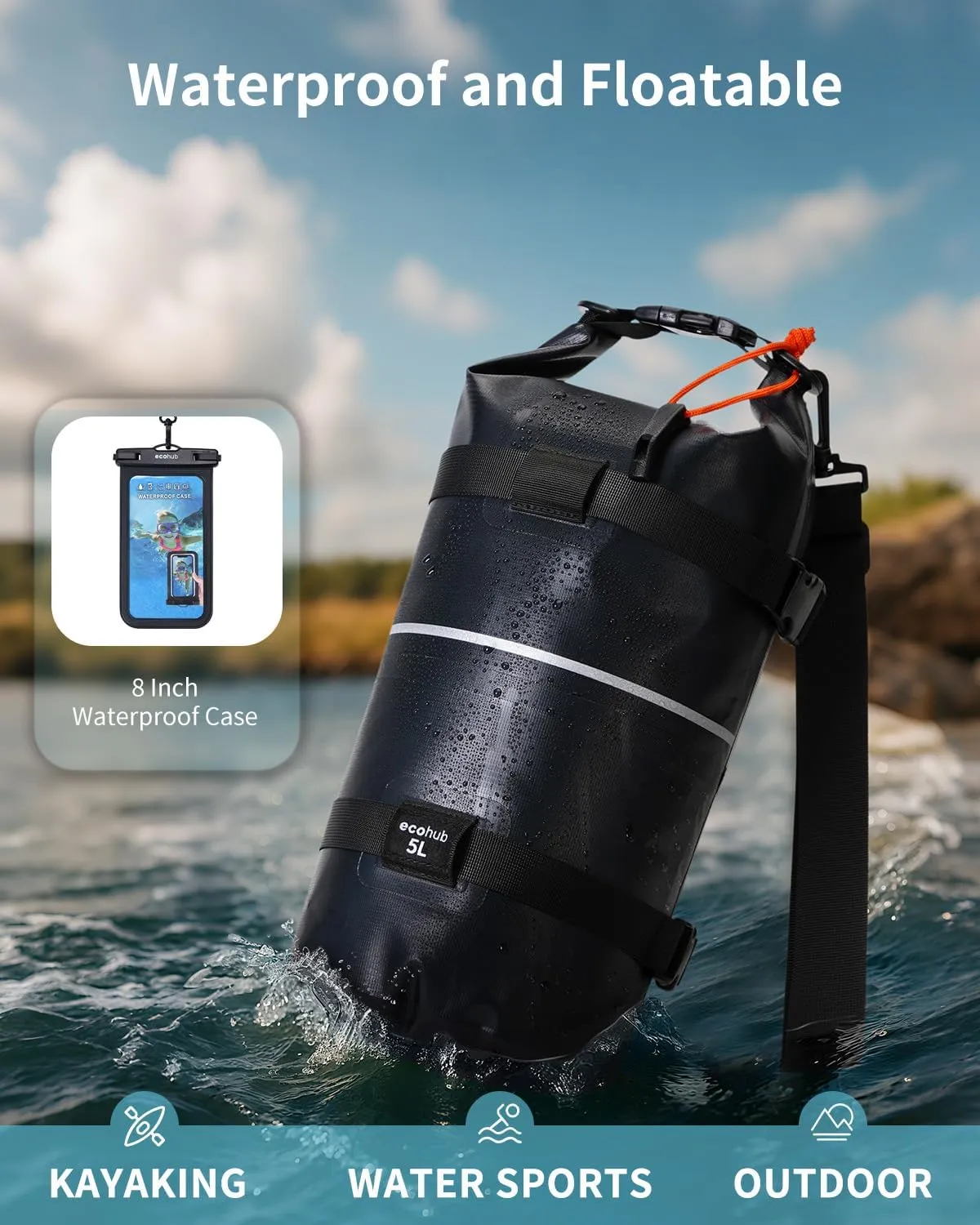 ECOHUB Waterproof Dry Bag for Women Men, 5L/10L/20L Roll Top Lightweight Dry Storage Bag Backpack for Travel Kayaking Hiking Floating with Waterproof Phone Case