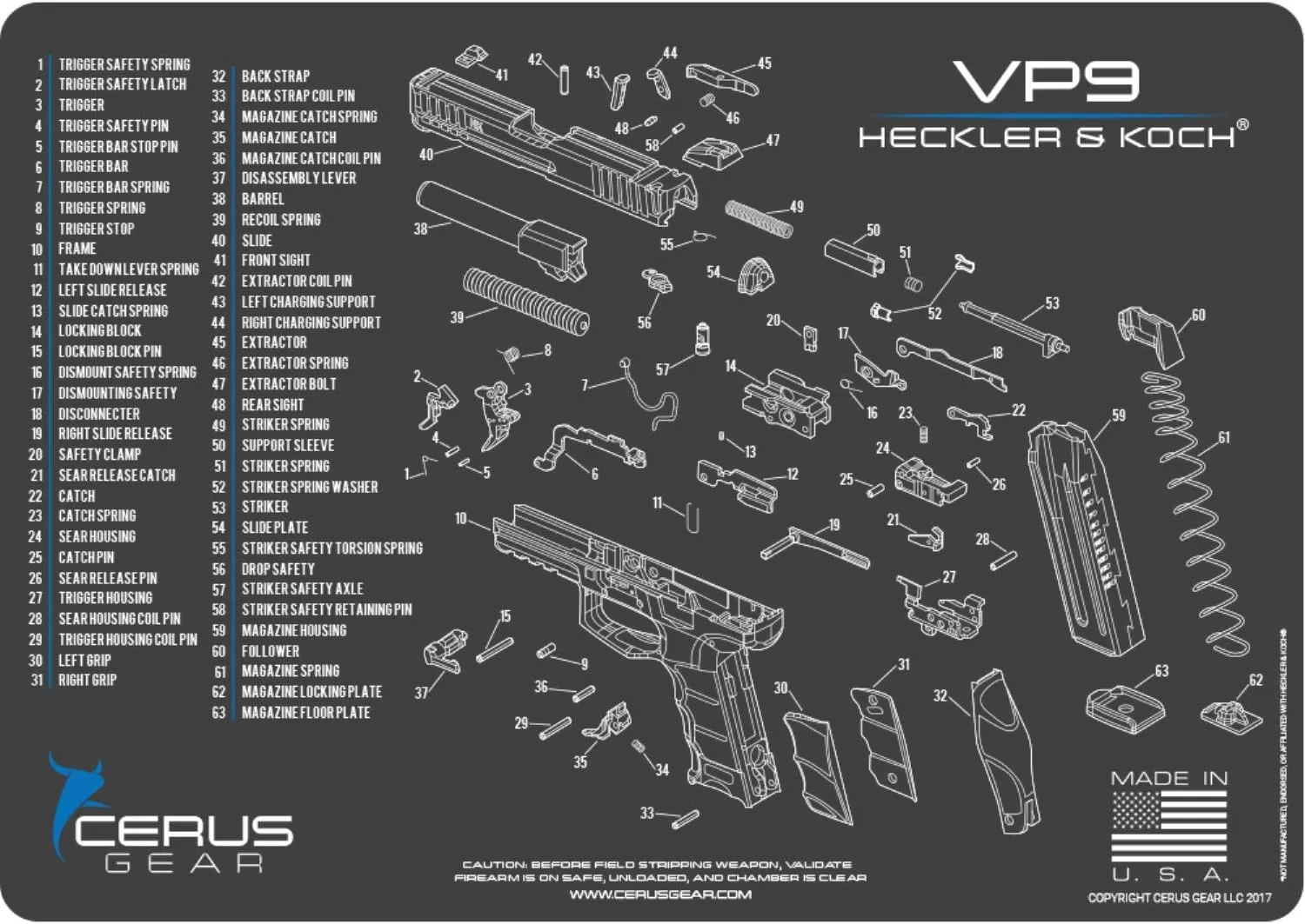 EDOG Heckler & Koch VP9 Cerus Gear Schematic (Exploded View) Heavy Duty Pistol Cleaning 12x17 Padded Gun-Work Surface Protector Mats Solvent & Oil Resistant