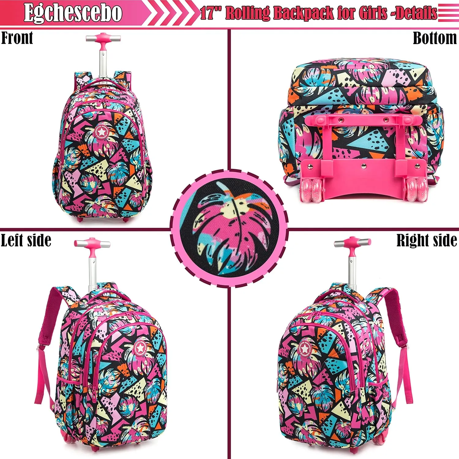 Egchescebo Girls Rolling Backpacks with Wheels 3PCS Feather Backpack Set for School Wheeled Luggage Suitcase Lunch Box Pencil Case Large Capacity Bookbag Adjustable Trolley for Elementary Travel Red