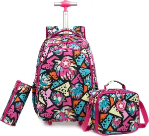 Egchescebo Girls Rolling Backpacks with Wheels 3PCS Feather Backpack Set for School Wheeled Luggage Suitcase Lunch Box Pencil Case Large Capacity Bookbag Adjustable Trolley for Elementary Travel Red